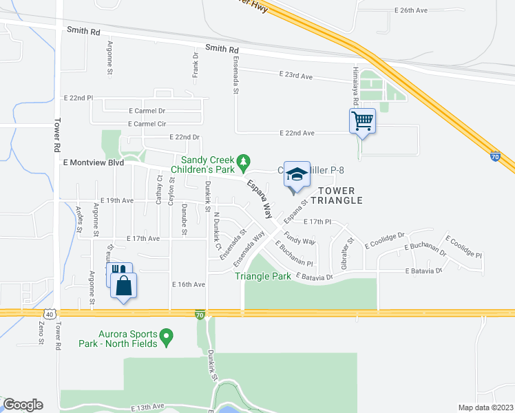 map of restaurants, bars, coffee shops, grocery stores, and more near 1877 Espana Way in Aurora