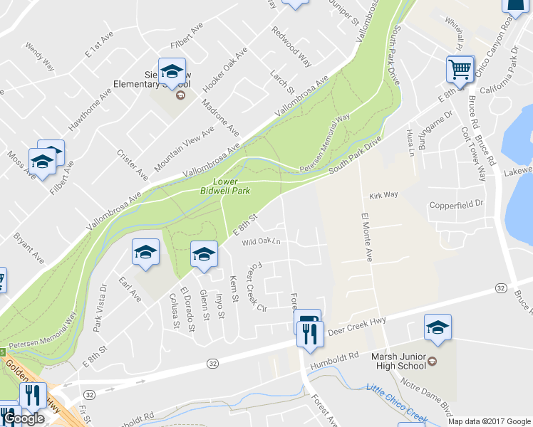 map of restaurants, bars, coffee shops, grocery stores, and more near 1983 East 8th Street in Chico