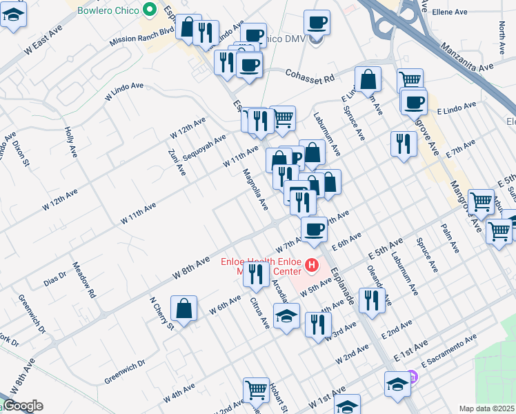 map of restaurants, bars, coffee shops, grocery stores, and more near 1841 Magnolia Avenue in Chico