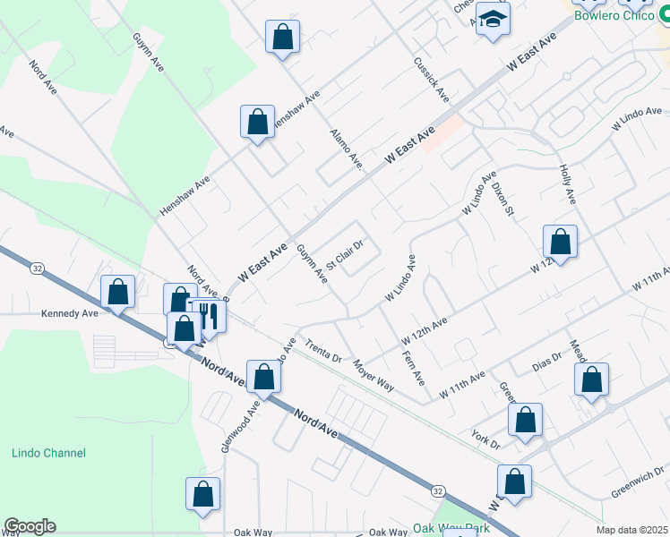 map of restaurants, bars, coffee shops, grocery stores, and more near 975 Saint Clair Drive in Chico