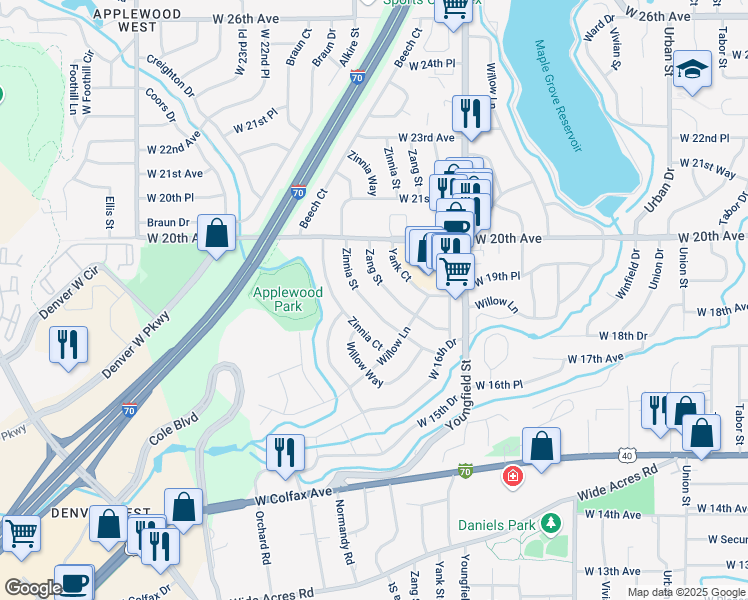map of restaurants, bars, coffee shops, grocery stores, and more near 1910 Zinnia Street in Golden