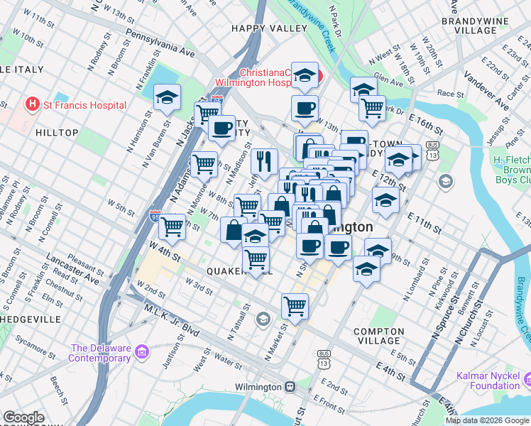 map of restaurants, bars, coffee shops, grocery stores, and more near in Wilmington