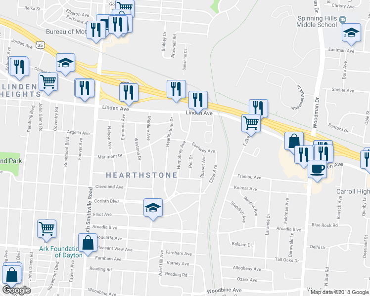 map of restaurants, bars, coffee shops, grocery stores, and more near 1614 Humphrey Avenue in Dayton