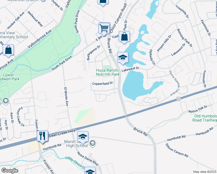 map of restaurants, bars, coffee shops, grocery stores, and more near 109 Sterling Oaks Drive in Chico