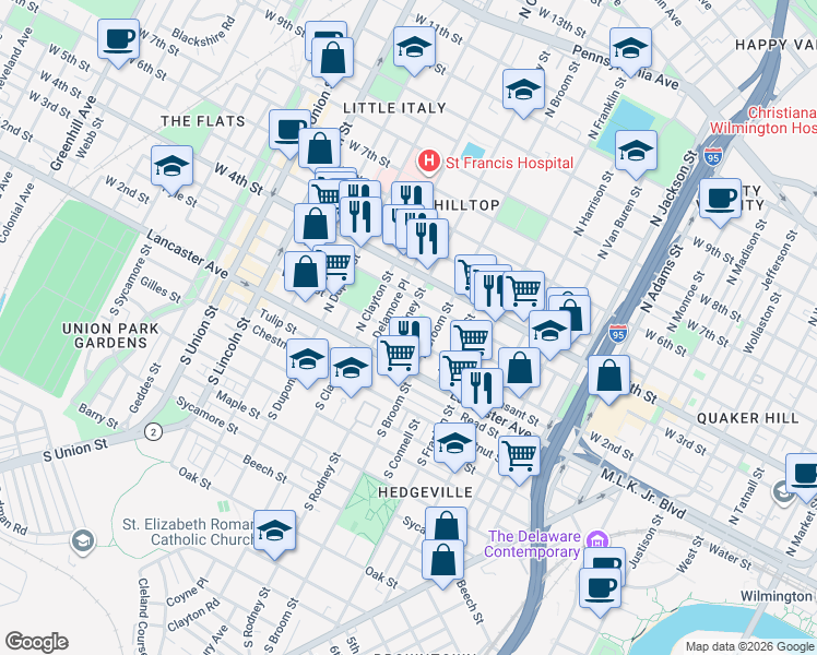 map of restaurants, bars, coffee shops, grocery stores, and more near 217 Fulton Street in Wilmington