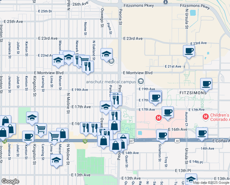 map of restaurants, bars, coffee shops, grocery stores, and more near 1900 Peoria Street in Aurora
