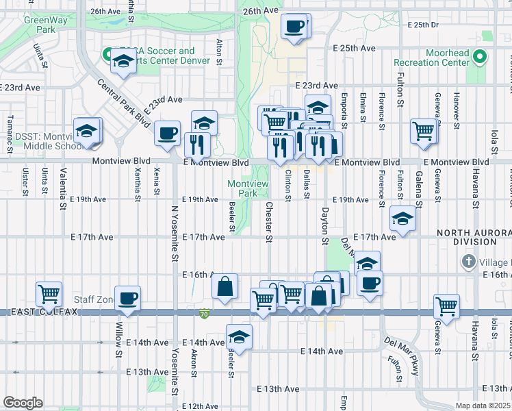 map of restaurants, bars, coffee shops, grocery stores, and more near 9300 East 19th Avenue in Aurora