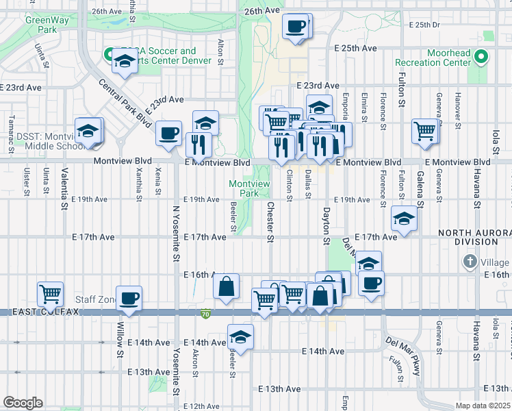 map of restaurants, bars, coffee shops, grocery stores, and more near 9300 East 19th Avenue in Aurora