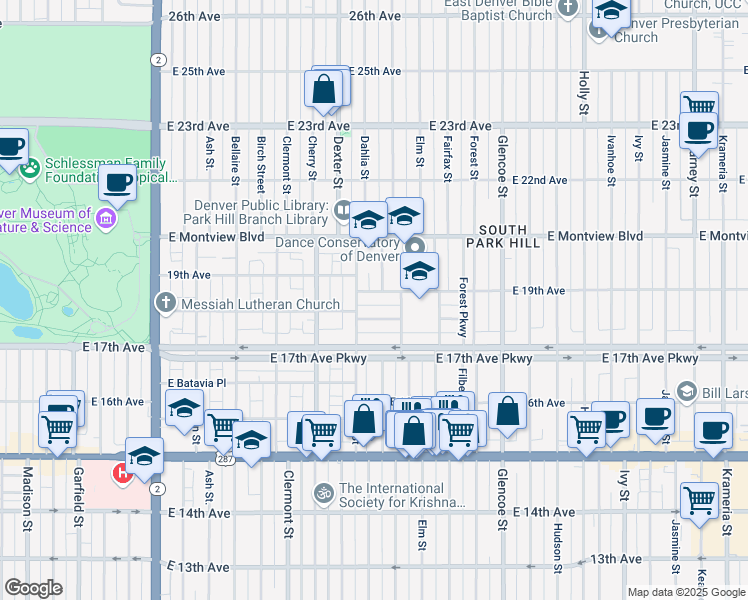 map of restaurants, bars, coffee shops, grocery stores, and more near 4844 East 19th Avenue in Denver