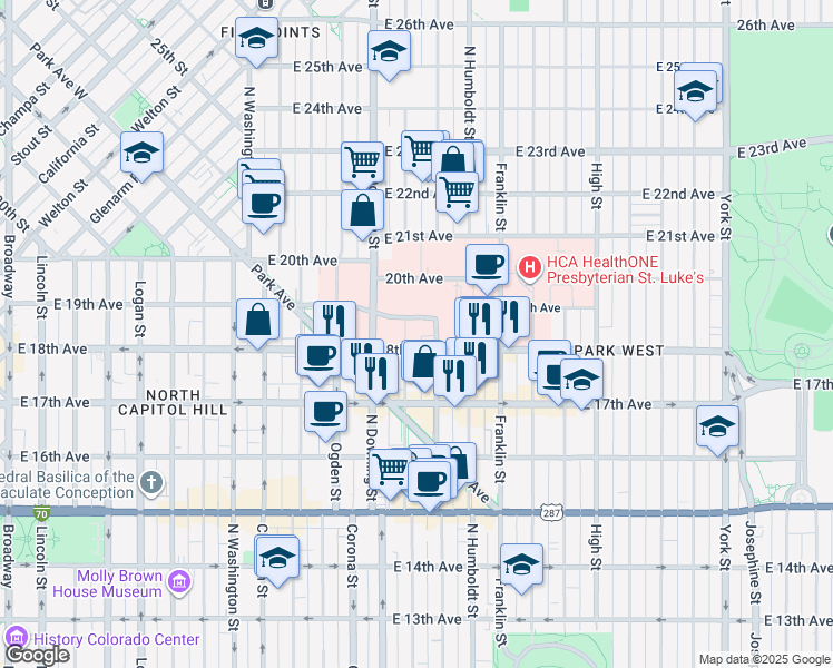 map of restaurants, bars, coffee shops, grocery stores, and more near 1833 North Lafayette Street in Denver