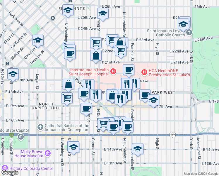 map of restaurants, bars, coffee shops, grocery stores, and more near 1833 North Lafayette Street in Denver