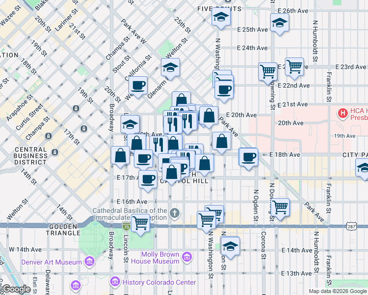 map of restaurants, bars, coffee shops, grocery stores, and more near in Denver