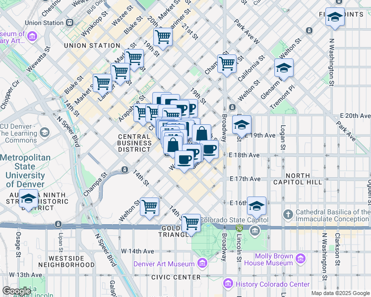 map of restaurants, bars, coffee shops, grocery stores, and more near 1600 California Street in Denver