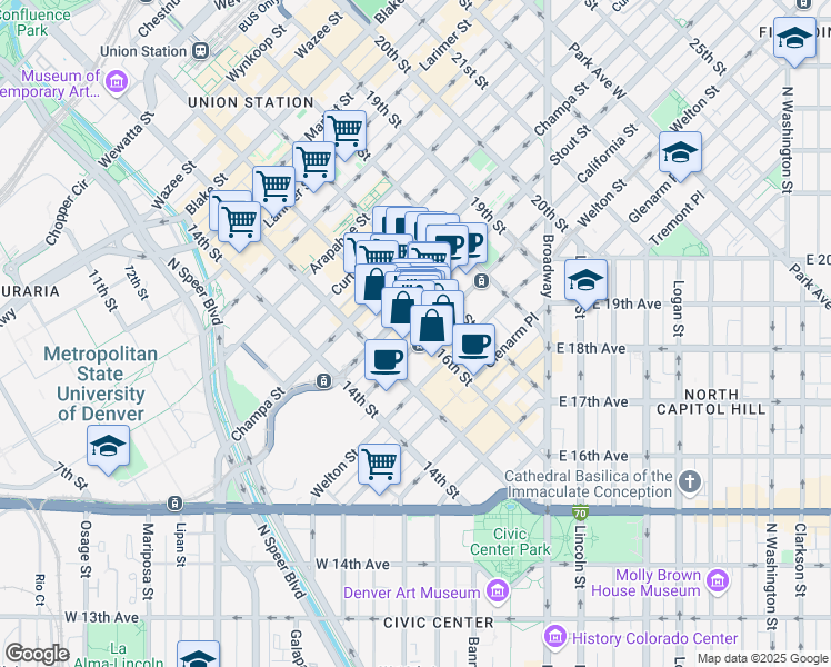 map of restaurants, bars, coffee shops, grocery stores, and more near 801 16th Street Mall in Denver