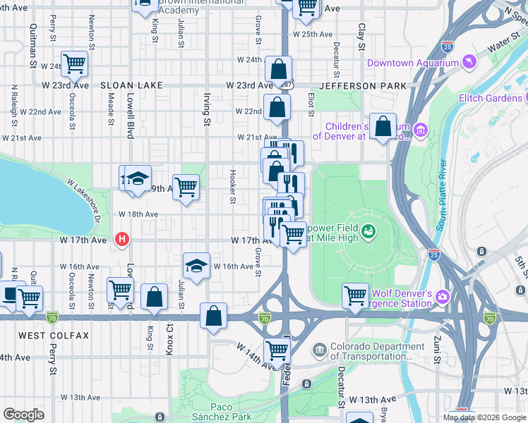 map of restaurants, bars, coffee shops, grocery stores, and more near 1803 Grove Street in Denver