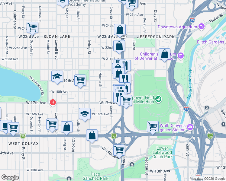 map of restaurants, bars, coffee shops, grocery stores, and more near 1803 Grove Street in Denver