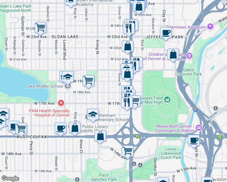 map of restaurants, bars, coffee shops, grocery stores, and more near 1803 Grove Street in Denver