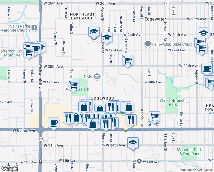 map of restaurants, bars, coffee shops, grocery stores, and more near 1801 Pierce Street in Lakewood