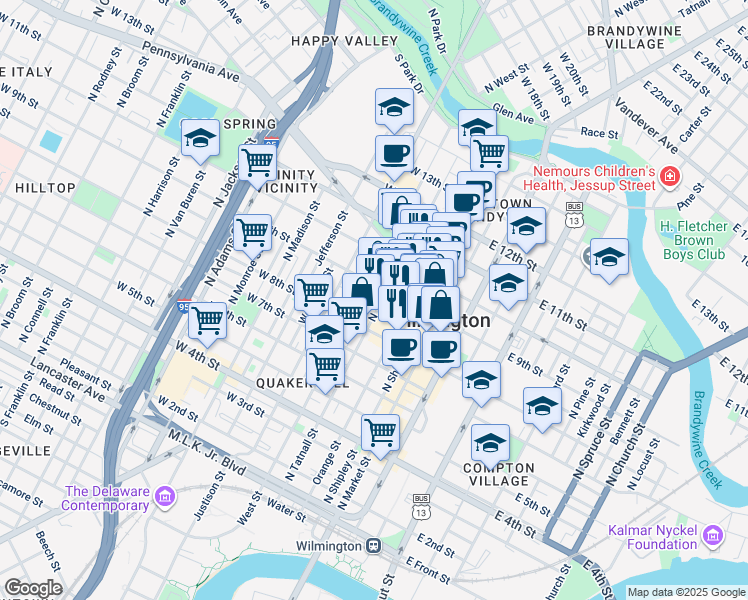 map of restaurants, bars, coffee shops, grocery stores, and more near 222 West 9th Street in Wilmington