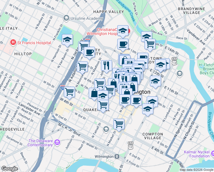 map of restaurants, bars, coffee shops, grocery stores, and more near in Wilmington
