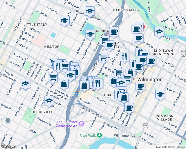 map of restaurants, bars, coffee shops, grocery stores, and more near 5 Beatty Place in Wilmington