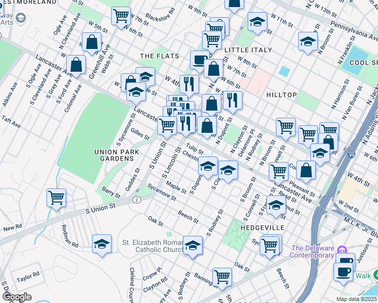 map of restaurants, bars, coffee shops, grocery stores, and more near 101 South Scott Street in Wilmington