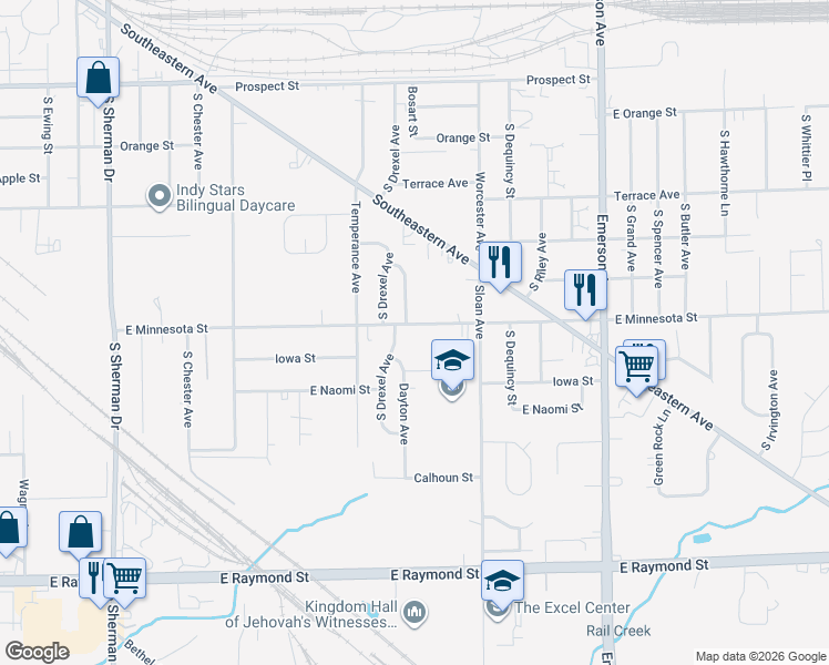 map of restaurants, bars, coffee shops, grocery stores, and more near 4711 East Minnesota Street in Indianapolis