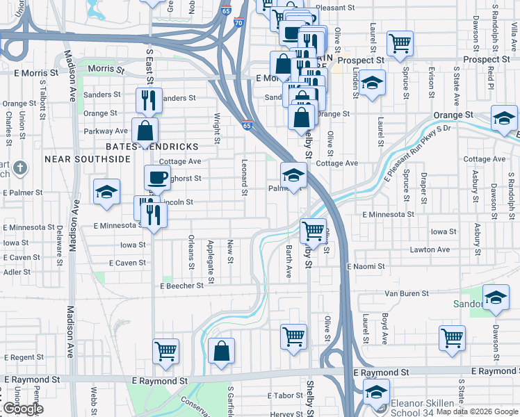 map of restaurants, bars, coffee shops, grocery stores, and more near 1627 Leonard Street in Indianapolis
