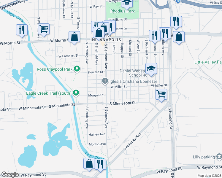 map of restaurants, bars, coffee shops, grocery stores, and more near 2013 Miller Street in Indianapolis