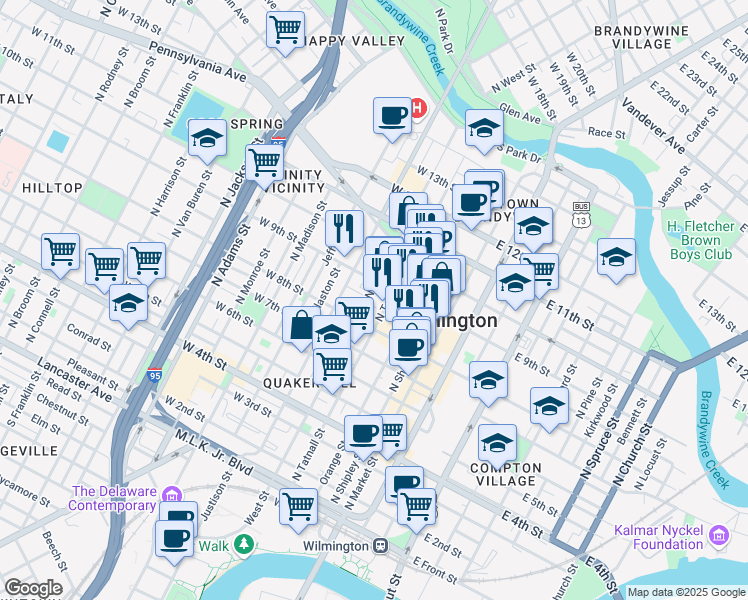 map of restaurants, bars, coffee shops, grocery stores, and more near 818 North West Street in Wilmington