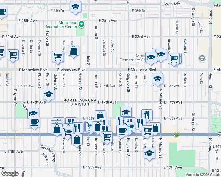 map of restaurants, bars, coffee shops, grocery stores, and more near 1790 Jamaica Street in Aurora
