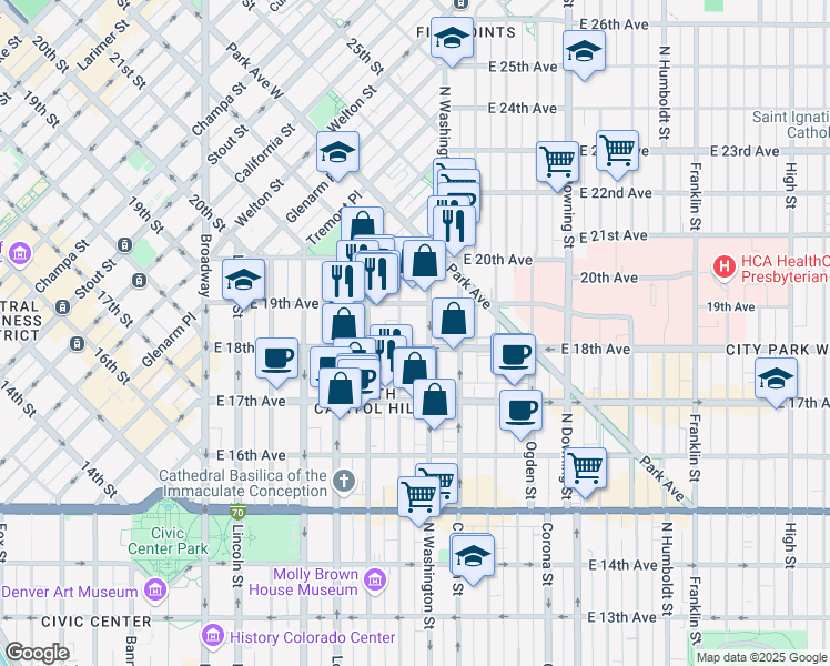 map of restaurants, bars, coffee shops, grocery stores, and more near 601 East 18th Avenue in Denver