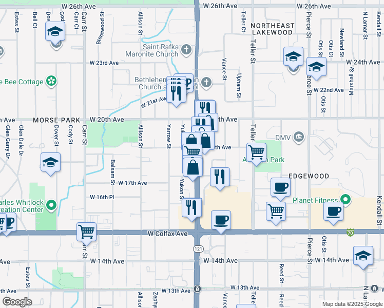 map of restaurants, bars, coffee shops, grocery stores, and more near 7690 West 19th Avenue in Lakewood