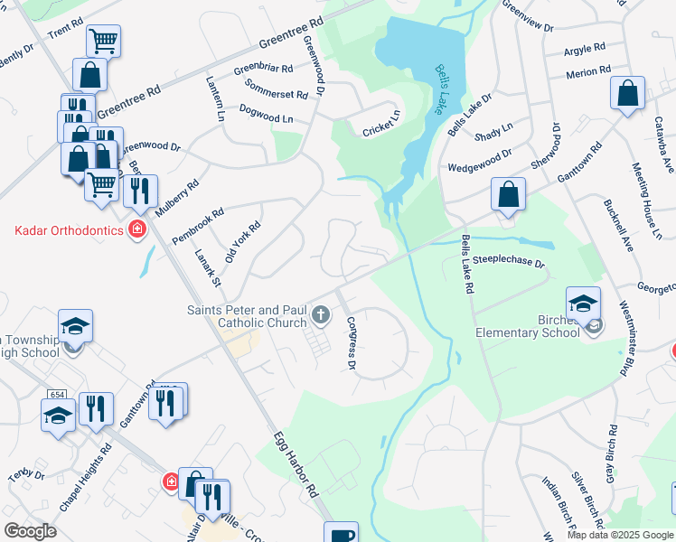 map of restaurants, bars, coffee shops, grocery stores, and more near 8 George Wythe Building in Washington Township