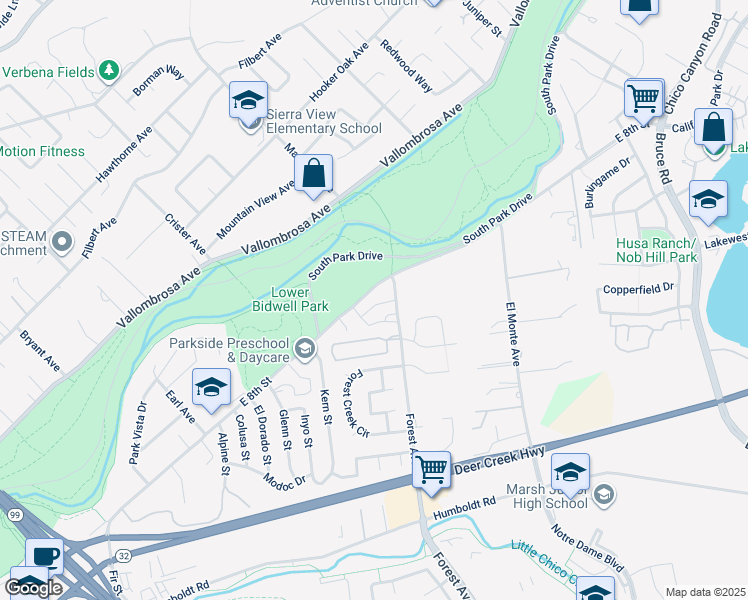 map of restaurants, bars, coffee shops, grocery stores, and more near 1983 East 8th Street in Chico