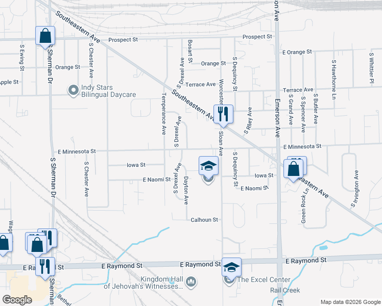 map of restaurants, bars, coffee shops, grocery stores, and more near 4711 East Minnesota Street in Indianapolis