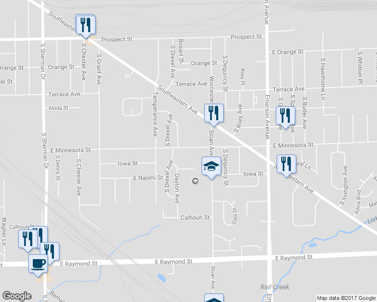 map of restaurants, bars, coffee shops, grocery stores, and more near 4711 East Minnesota Street in Indianapolis