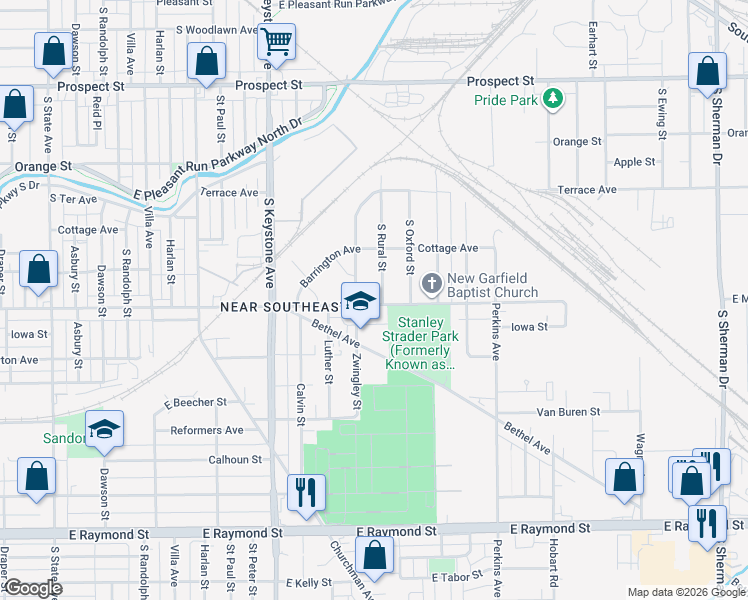 map of restaurants, bars, coffee shops, grocery stores, and more near 2720 East Minnesota Street in Indianapolis