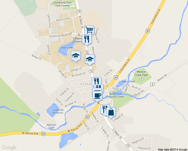 map of restaurants, bars, coffee shops, grocery stores, and more near 180 N Main St in Cedarville
