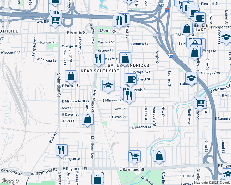 map of restaurants, bars, coffee shops, grocery stores, and more near 337 Lincoln Street in Indianapolis