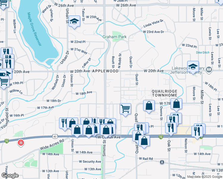 map of restaurants, bars, coffee shops, grocery stores, and more near 11455 West 17th Place in Lakewood