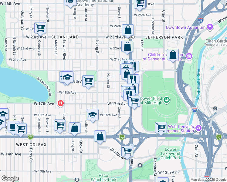 map of restaurants, bars, coffee shops, grocery stores, and more near 1803 Grove Street in Denver