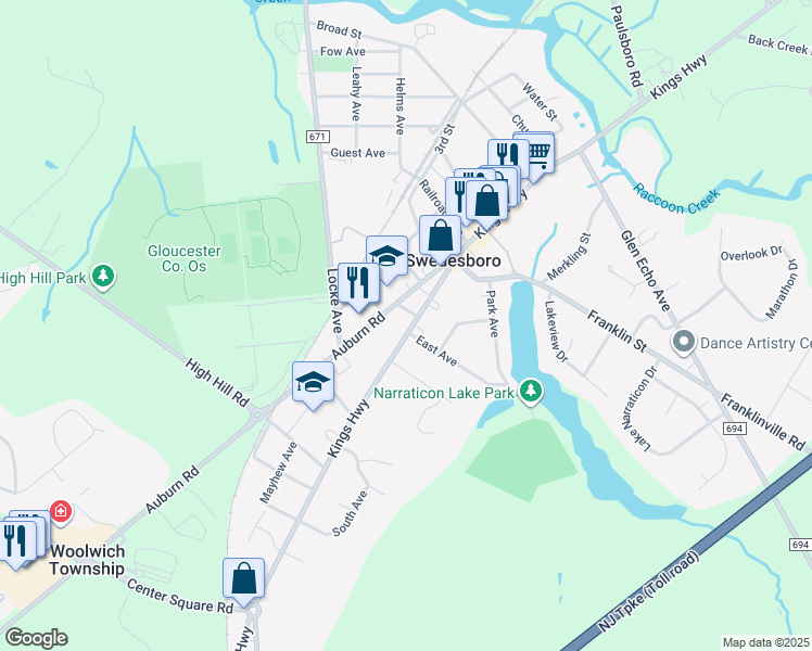 map of restaurants, bars, coffee shops, grocery stores, and more near 1605 Kings Highway in Swedesboro