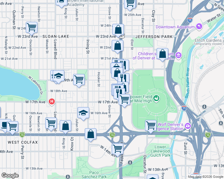 map of restaurants, bars, coffee shops, grocery stores, and more near 1803 Grove Street in Denver