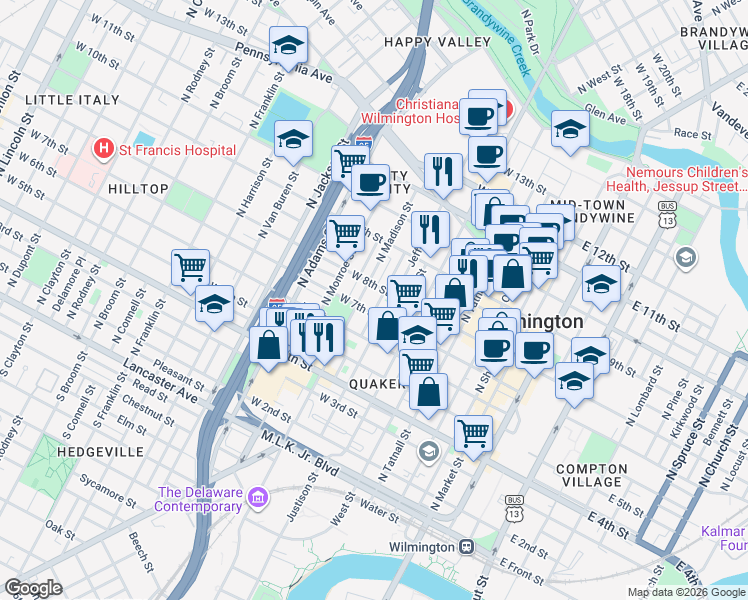 map of restaurants, bars, coffee shops, grocery stores, and more near 612 West 8th Street in Wilmington
