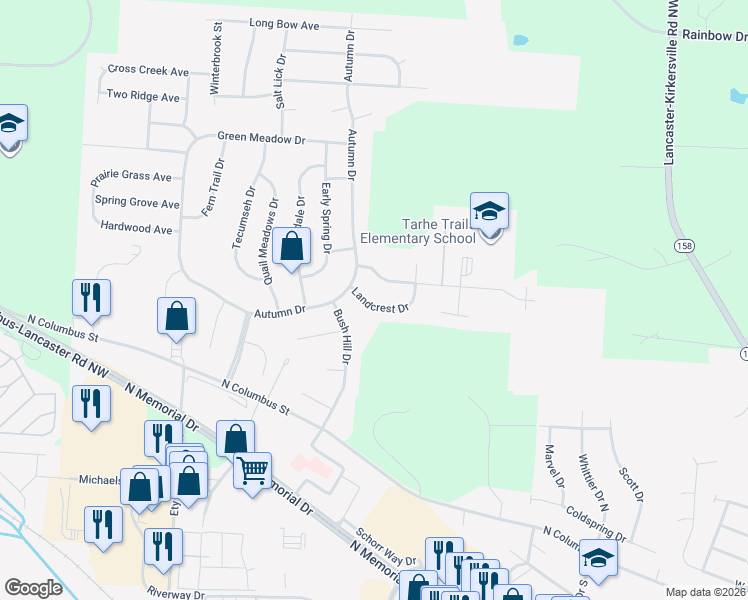 map of restaurants, bars, coffee shops, grocery stores, and more near 2261 Landcrest Drive in Lancaster