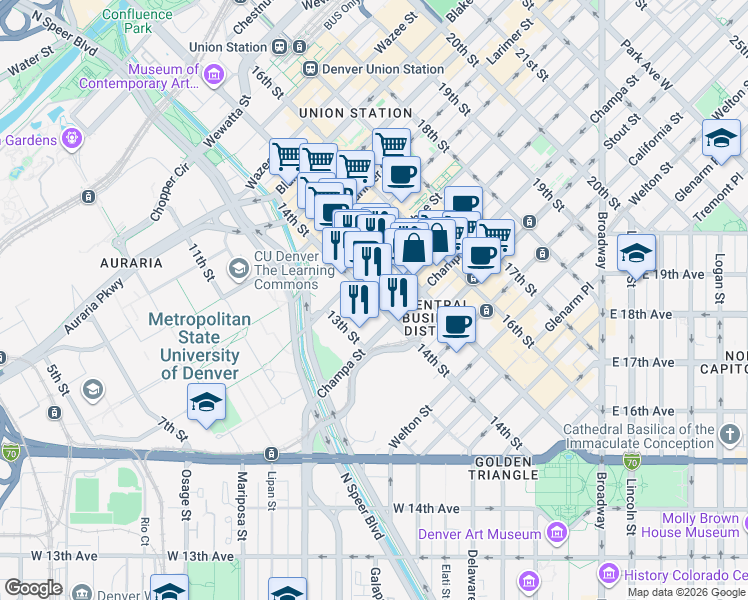 map of restaurants, bars, coffee shops, grocery stores, and more near Curtis St & 14th St in Denver
