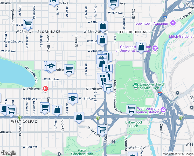 map of restaurants, bars, coffee shops, grocery stores, and more near 3089 West 18th Avenue in Denver