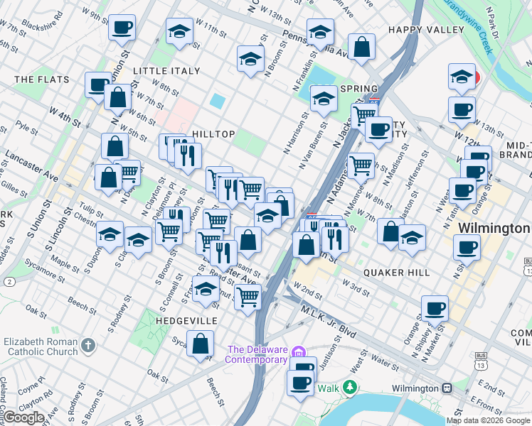 map of restaurants, bars, coffee shops, grocery stores, and more near 406 North Harrison Street in Wilmington