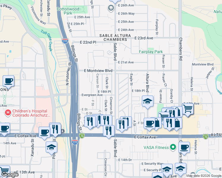 map of restaurants, bars, coffee shops, grocery stores, and more near 1817 Cimarron Street in Aurora